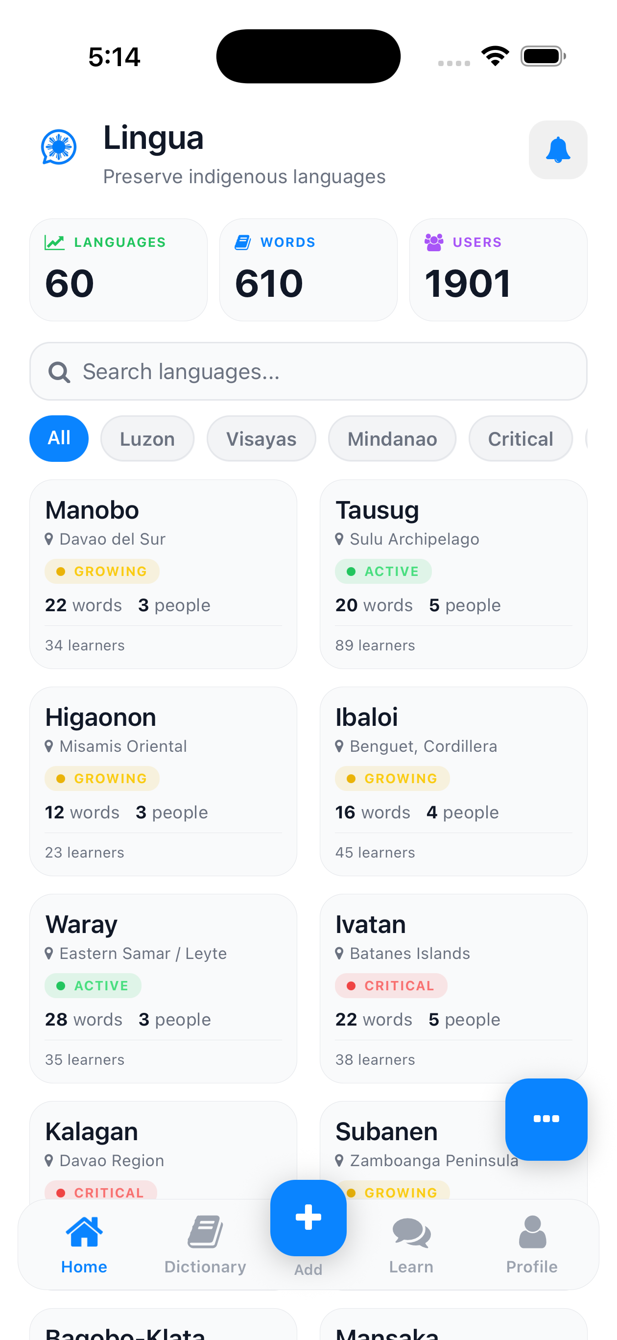 The Lingua app home screen, showing 60 languages, 610 words, and 1901 users, with a searchable list of Philippine languages and their status.